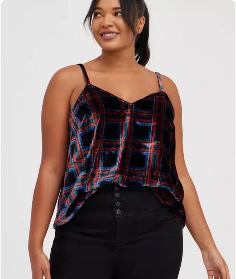 NEW Torrid Sophie Velvet Swing Cami Top Tartan Plaid Black 1X Preppy Academia